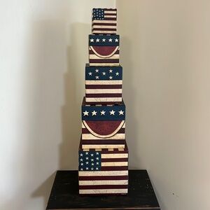 Warren Kimble stackable boxes.  Colonial flag design.  Rare find.